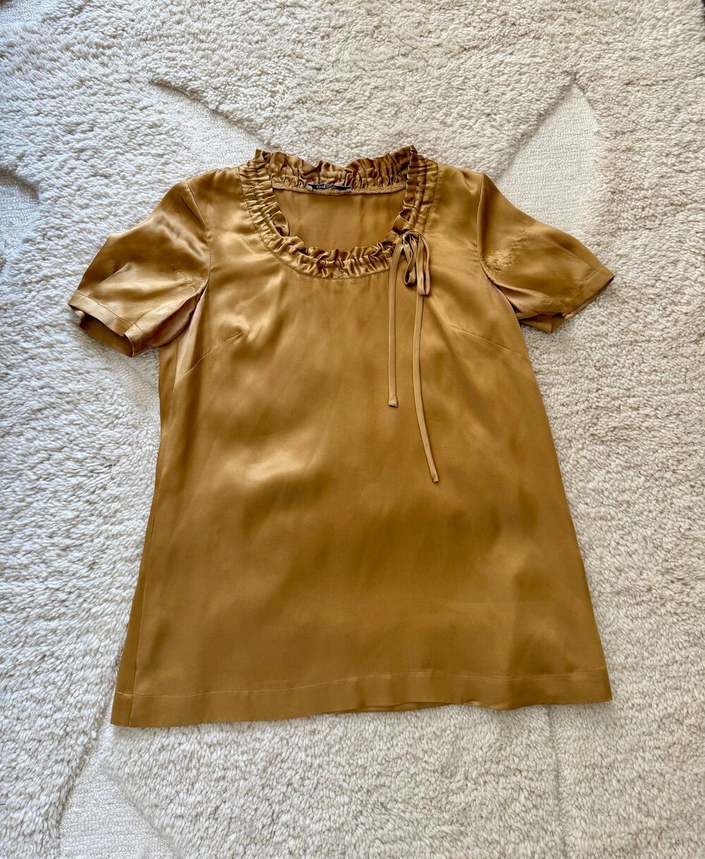 DKNY Women's Gold 100% Silk Blouse Ruffle Scoop Neck Tie Short Sleeve Top
